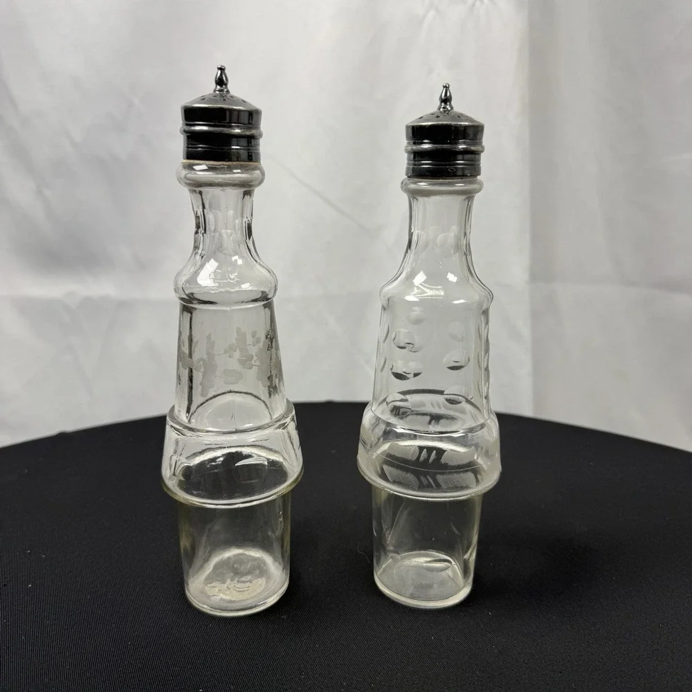 2 Vintage Condiment Cruet Castor Set Etched Glass